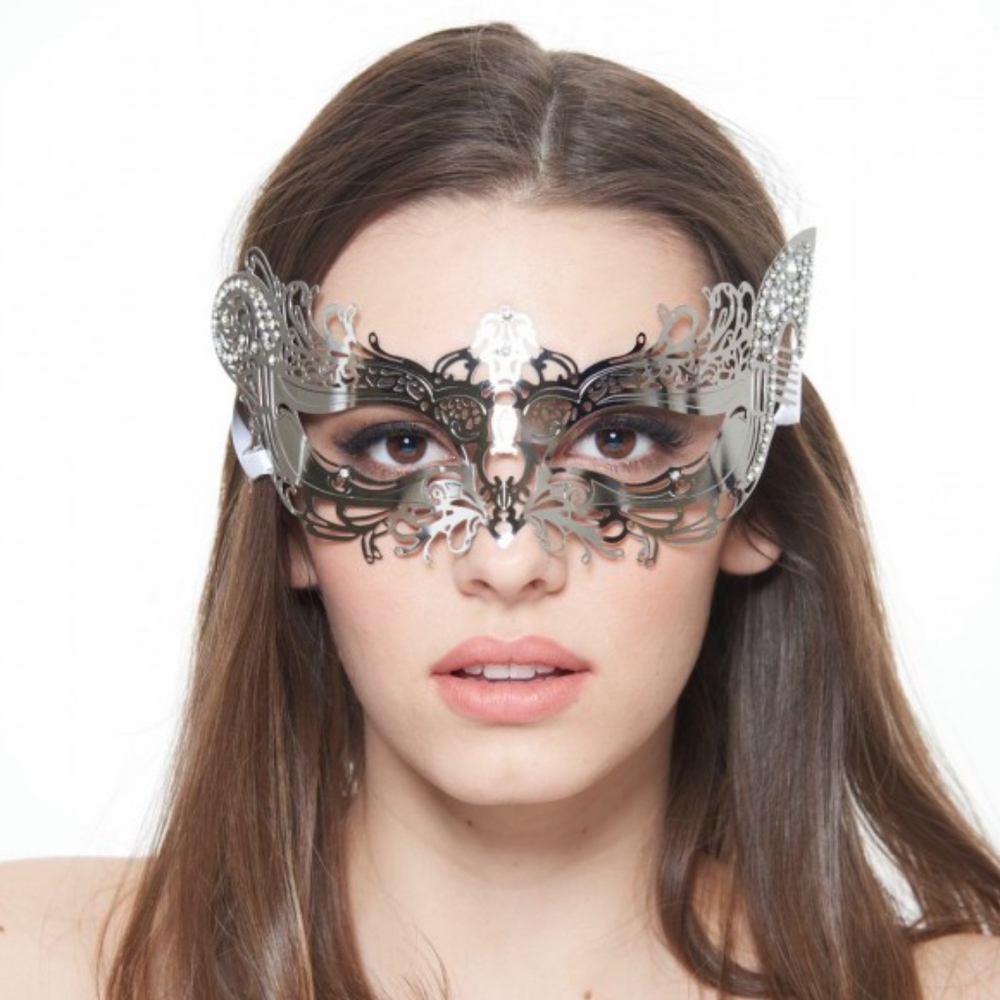 Silver Laser Cut Metal Mask with Clear Rhinestones