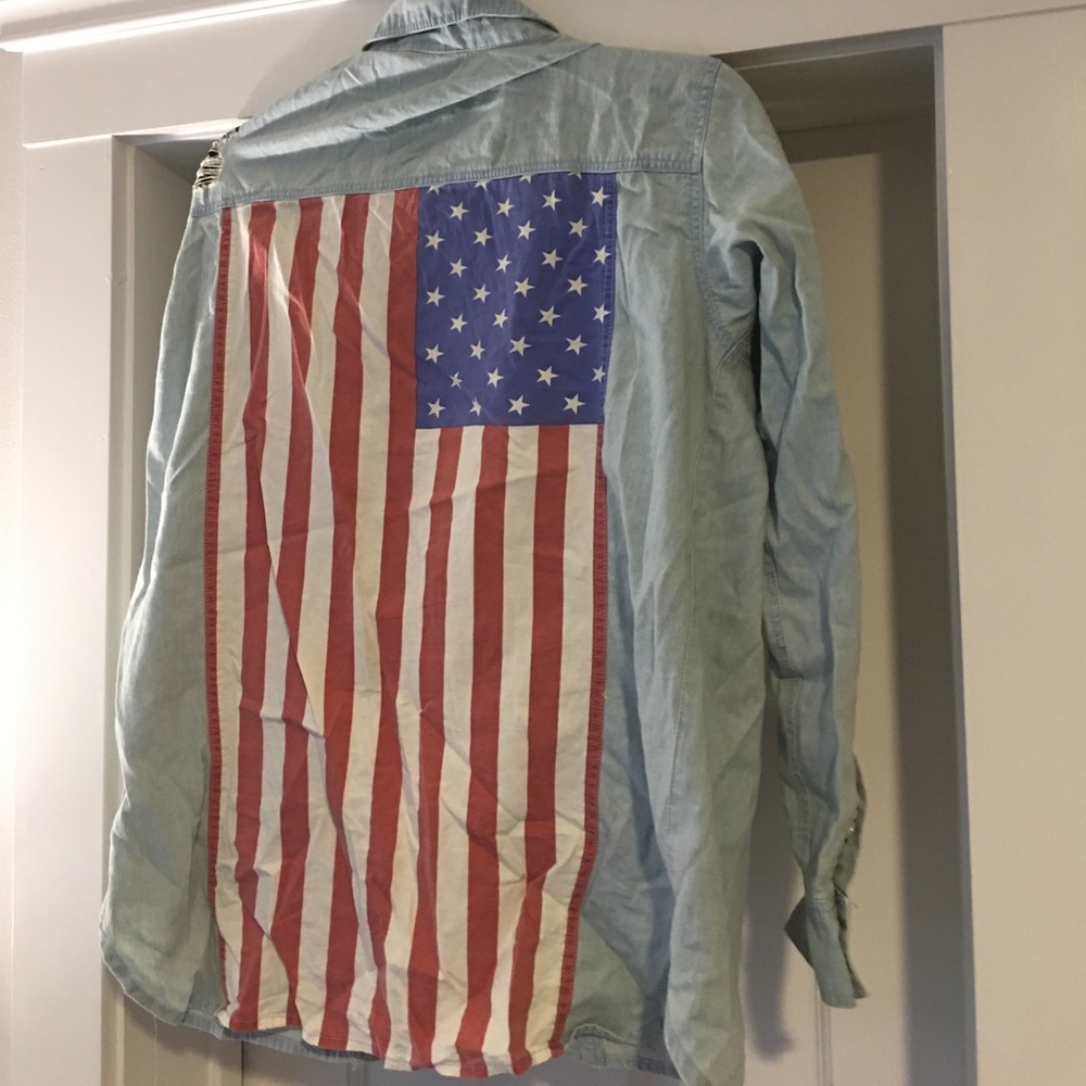 Trendy American Flag ripped denim button down