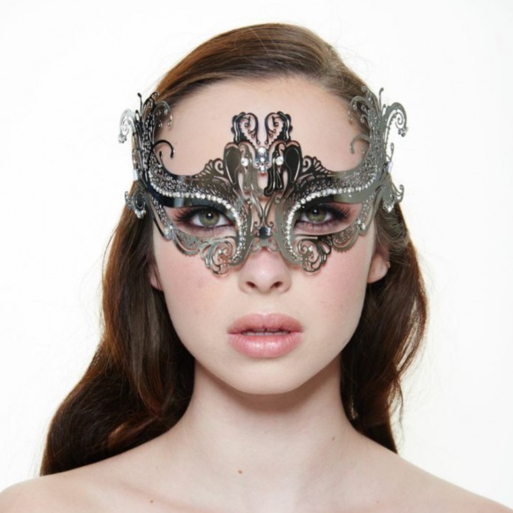 Silver Laser Cut Metal Mask with Clear Rhinestones