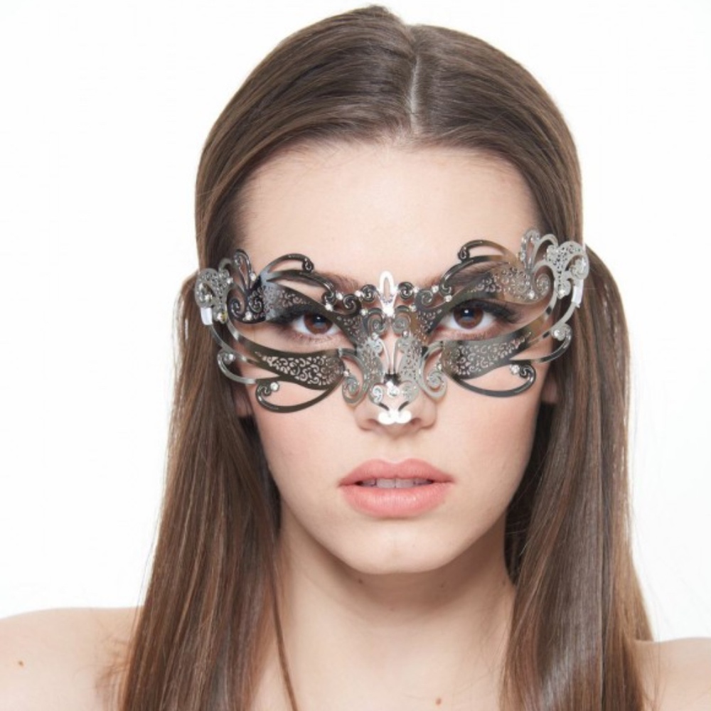 Silver Laser Cut Metal Masquerade Mask with Stones