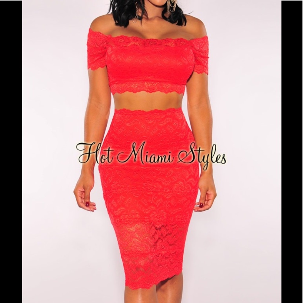 Red Lace Off The Shoulder Two Piece Set