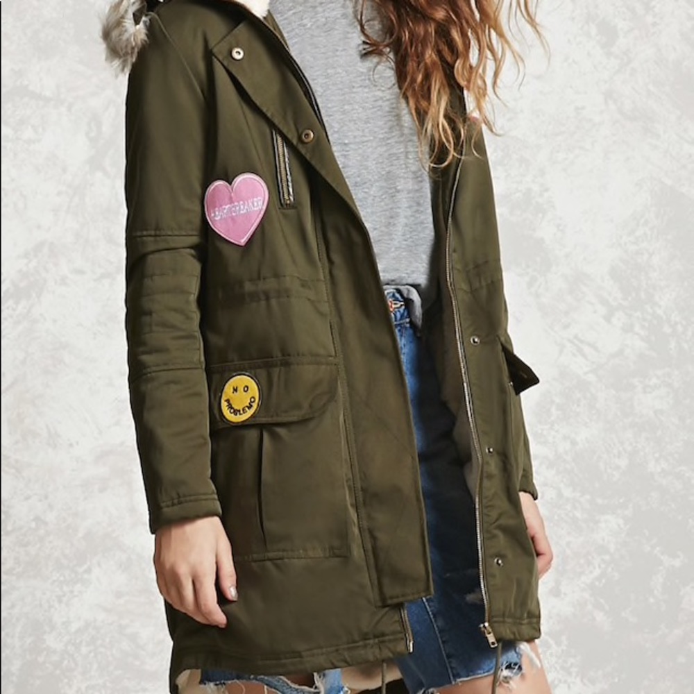 Forever 21 Patched Parka with Fur Lined Hood