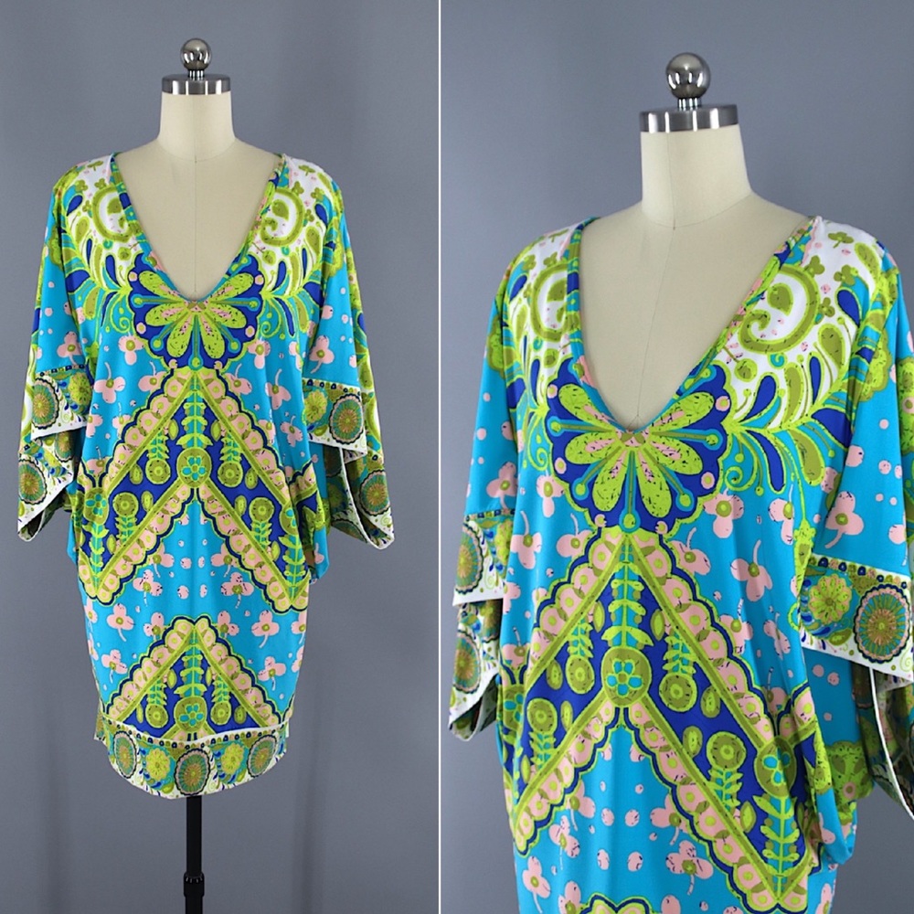 Trina Turk Tunic Blouse Lime Aqua Blue XS S