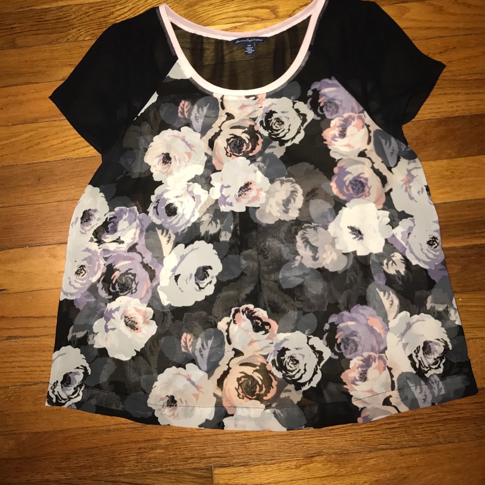 Black floral loose back sheer top