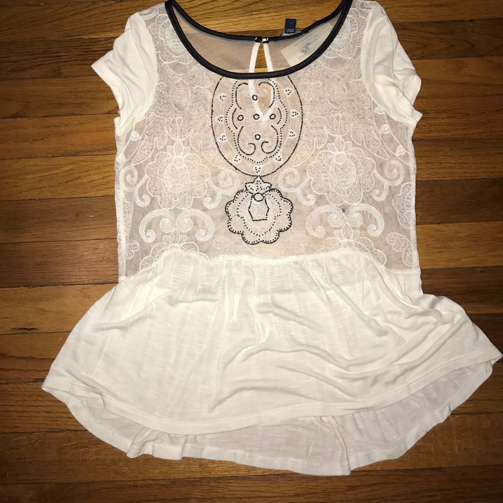 NWT sheer white top, black beads
