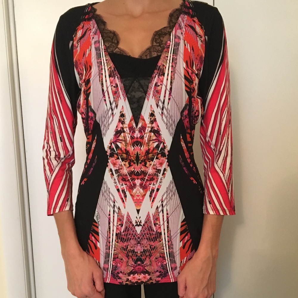 Roberto Cavalli Geometric Print V Neck Lace limited edition top