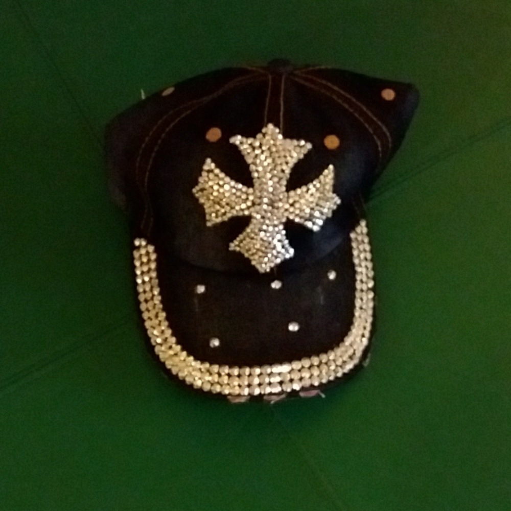 Navy denim hat all bling'd! With cross unisex