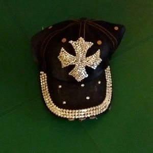 Navy denim hat all bling'd! With cross unisex