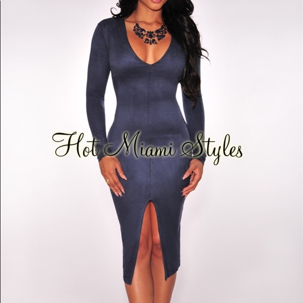Navy Blue Faux Suede Long Sleeves Slit Dress