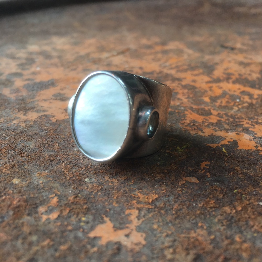 Obsidian Mother of Pearl & Blue Topaz Ring