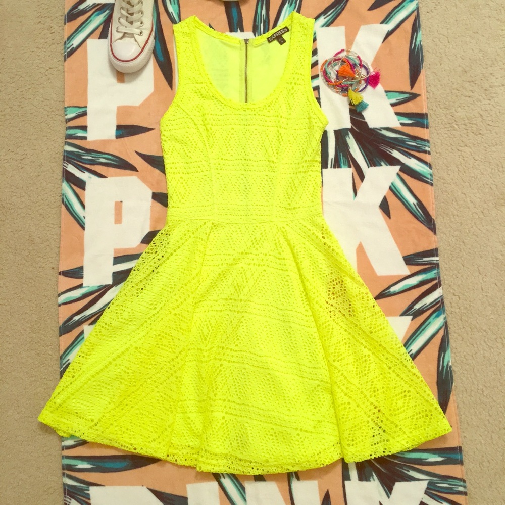 Express Geometric Lace Skater Dress Neon Yellow