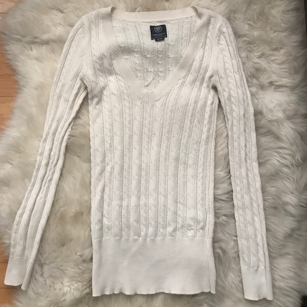 Cream cable knit V-neck sweater