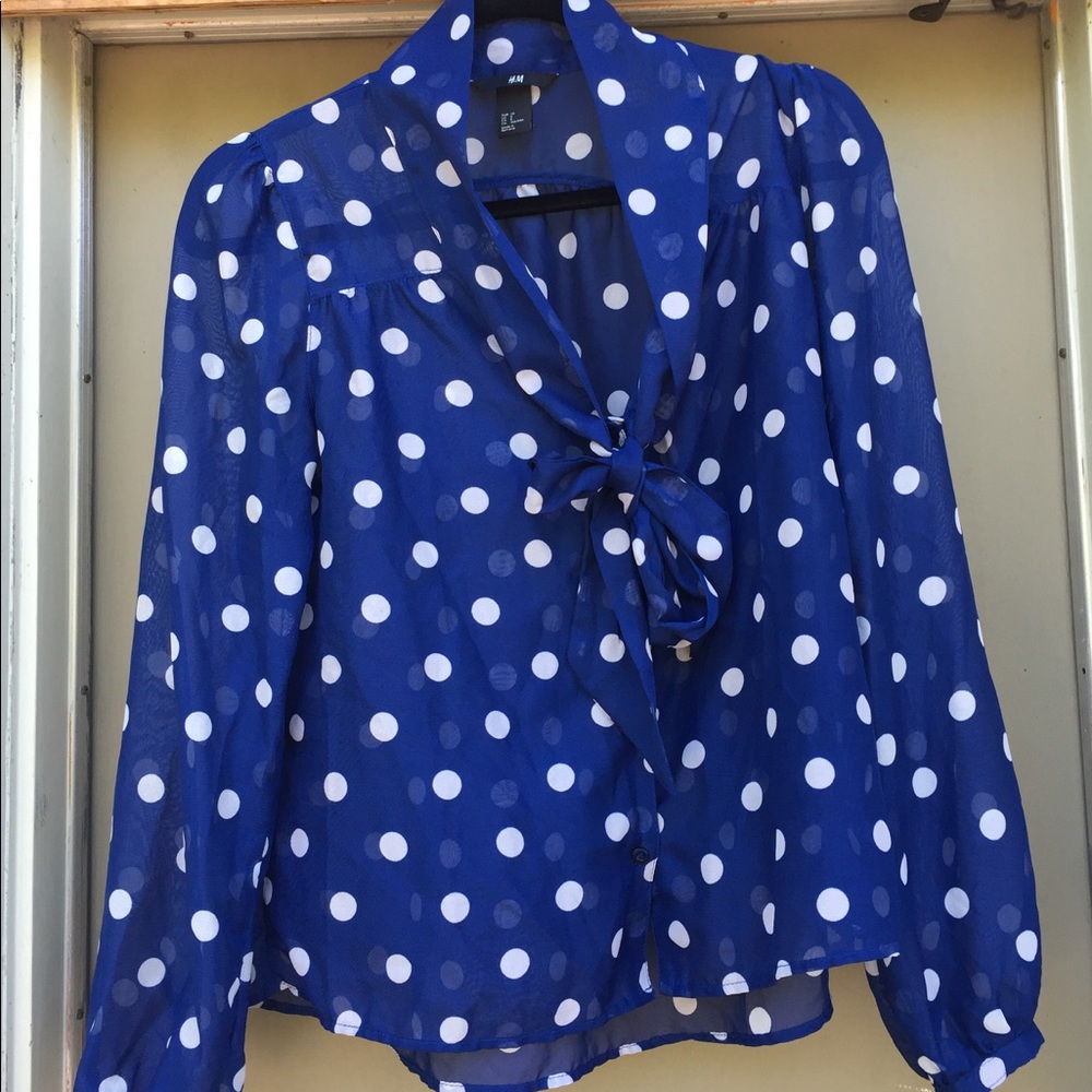 Blue and white sheer polka dot top