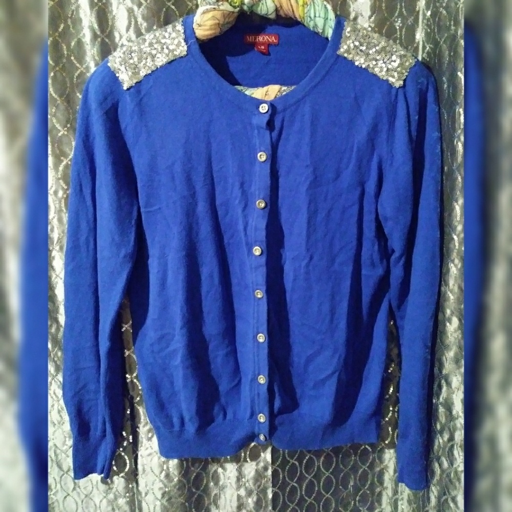Merona button up blue sweater w/ sequin shoulders