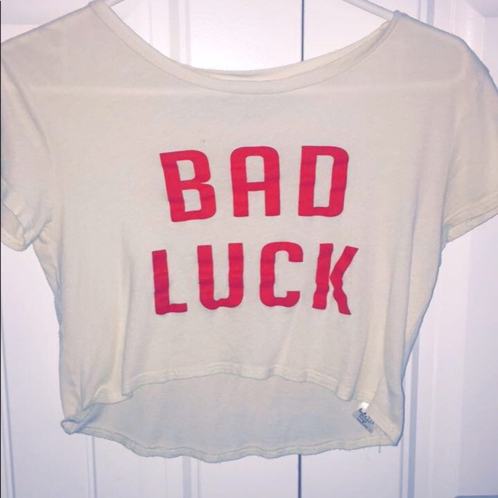 white and red "bad luck" blouse