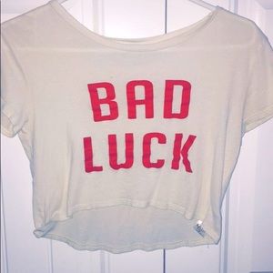 white and red "bad luck" blouse