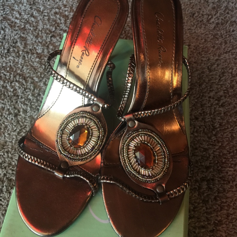 Copper beaded strap heeled sandal
