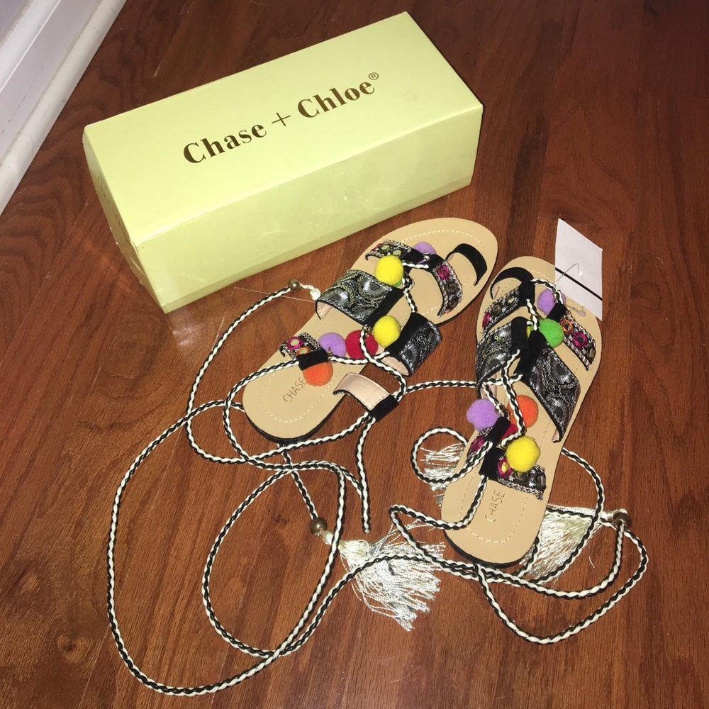 NWT Chase and Chloe lace up Pom Pom sandals