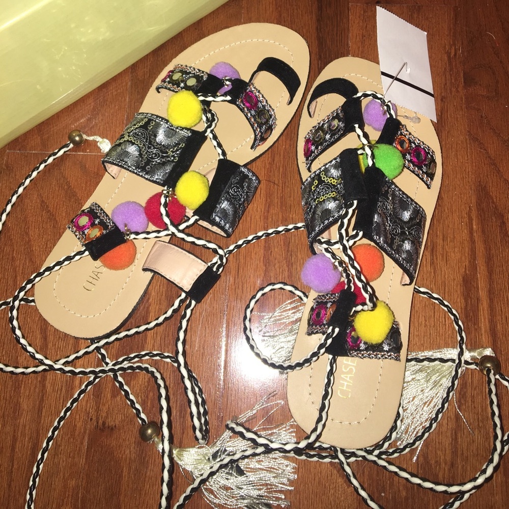 NWT Chase and Chloe lace up Pom Pom sandals - Picture 2 of 5