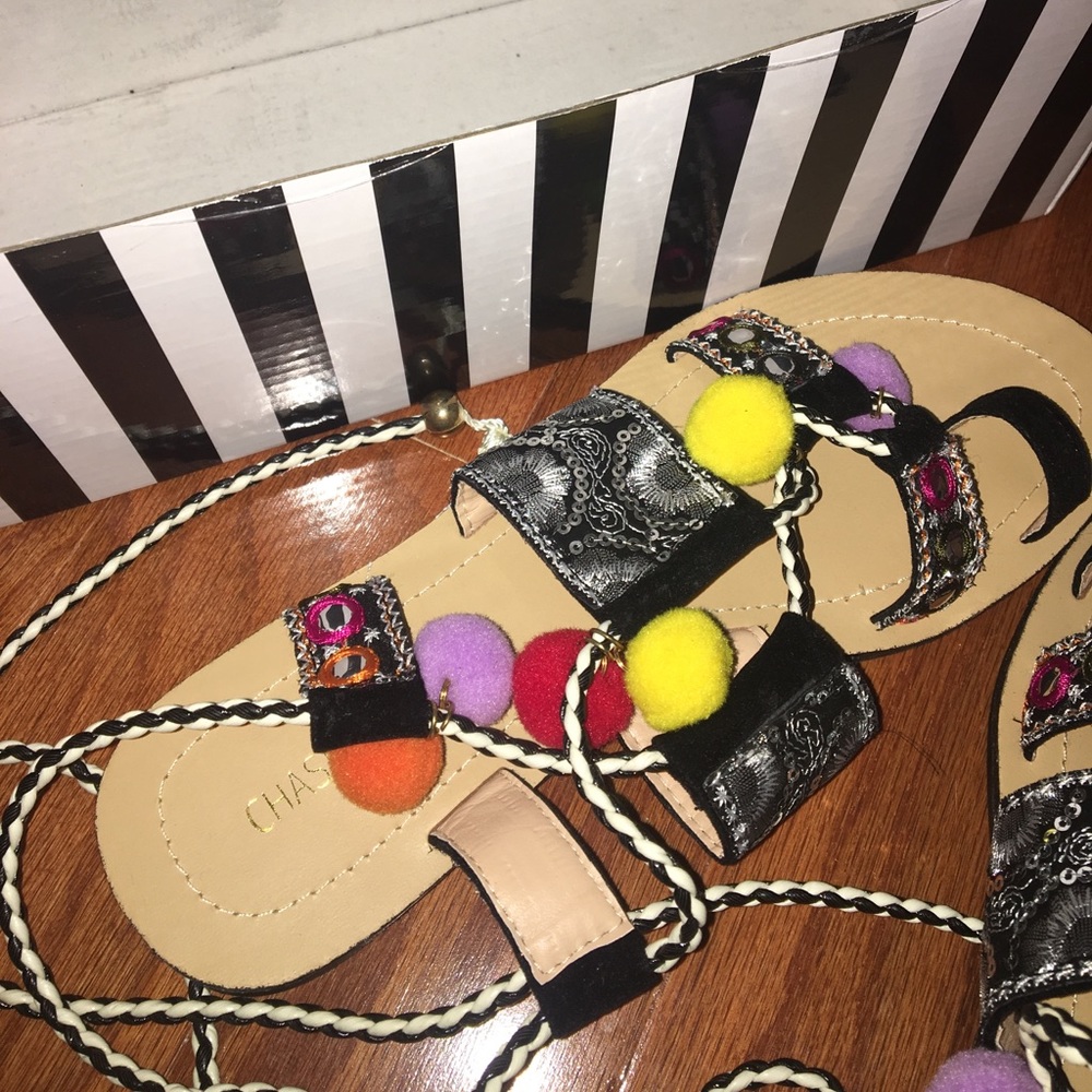 NWT Chase and Chloe lace up Pom Pom sandals - Picture 5 of 5