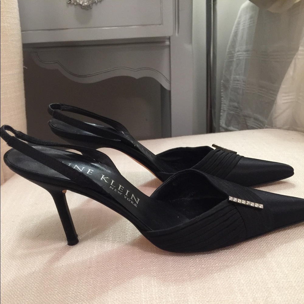 Ann Klein Black satin sling backs.
