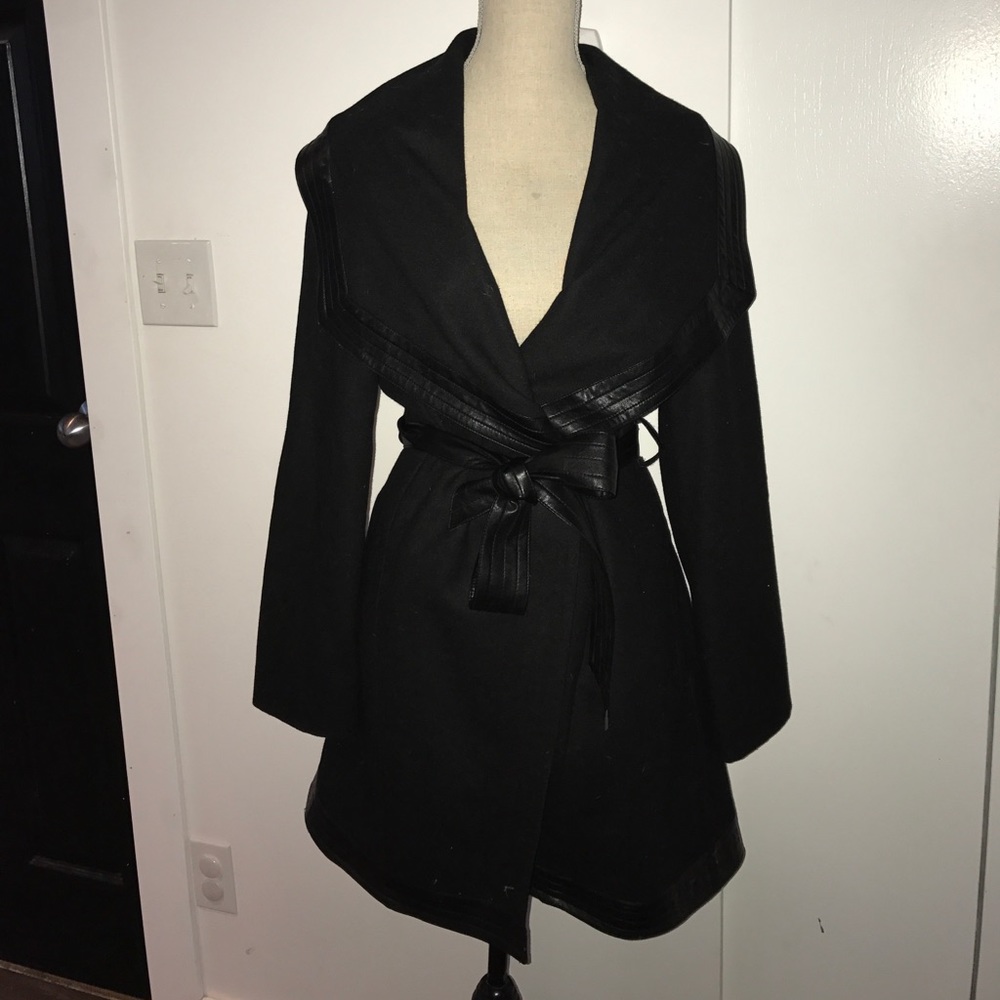 Black wool jacket with leather trim