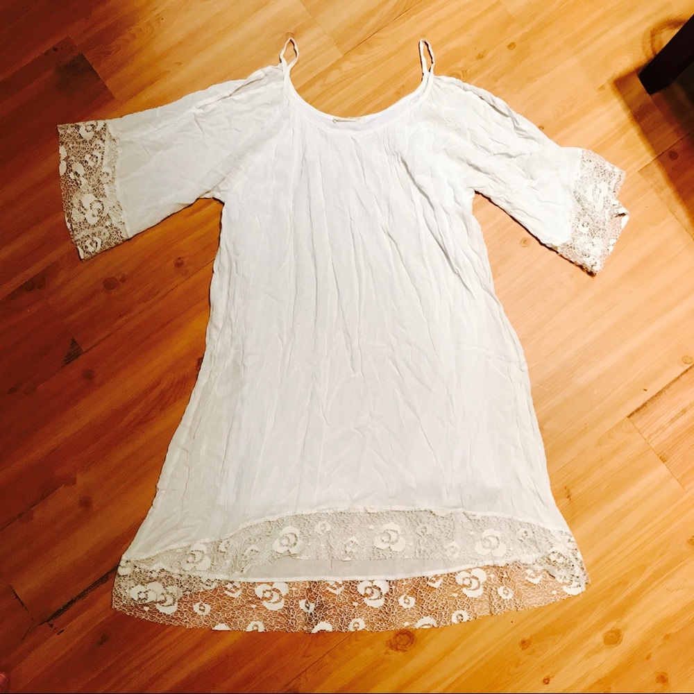 High/Low Cold Shoulder White Dress w/ Lace Accents