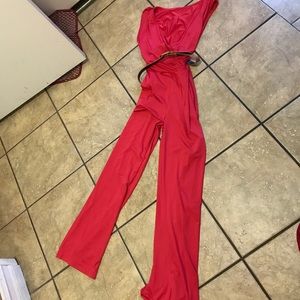 Red jumpsuit with belt