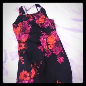 Red and pink floral black silk dress