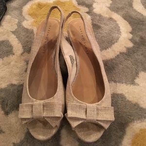 Open toed, tan wedges