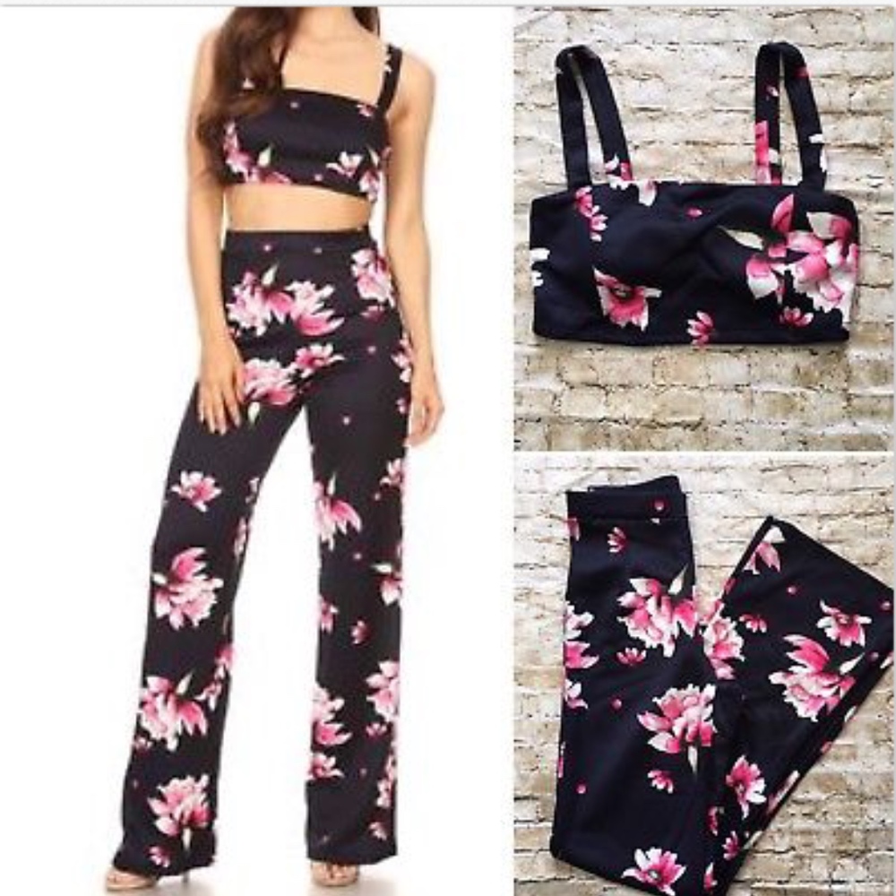 Cherry Mellow Floral Crop Top Pants Two-piece Set