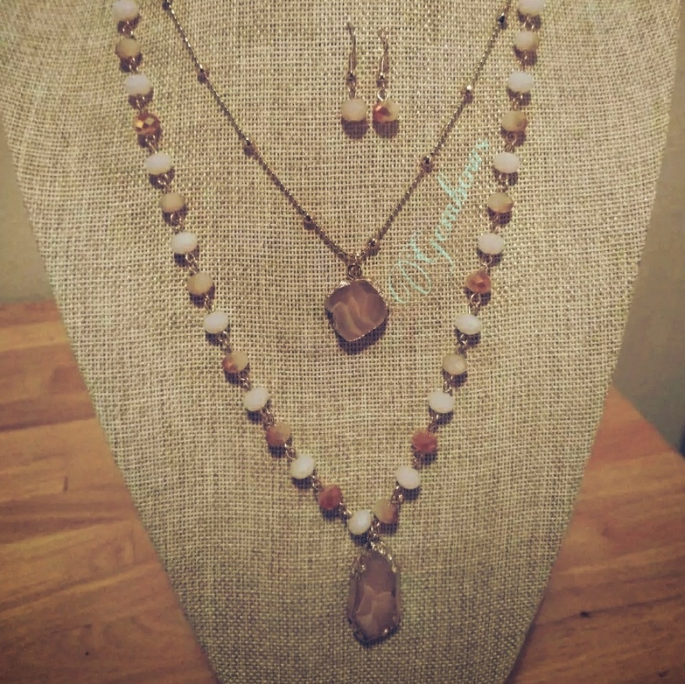 3 piece pink quartz and bead set
