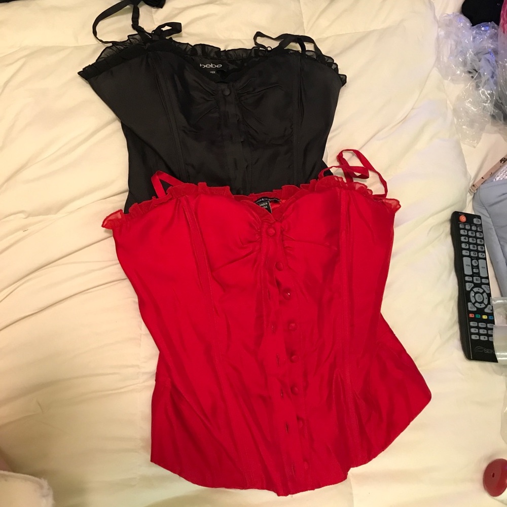 ❌❌SOLD❌❌Lot of 2 Bebe XS silk like corset tops