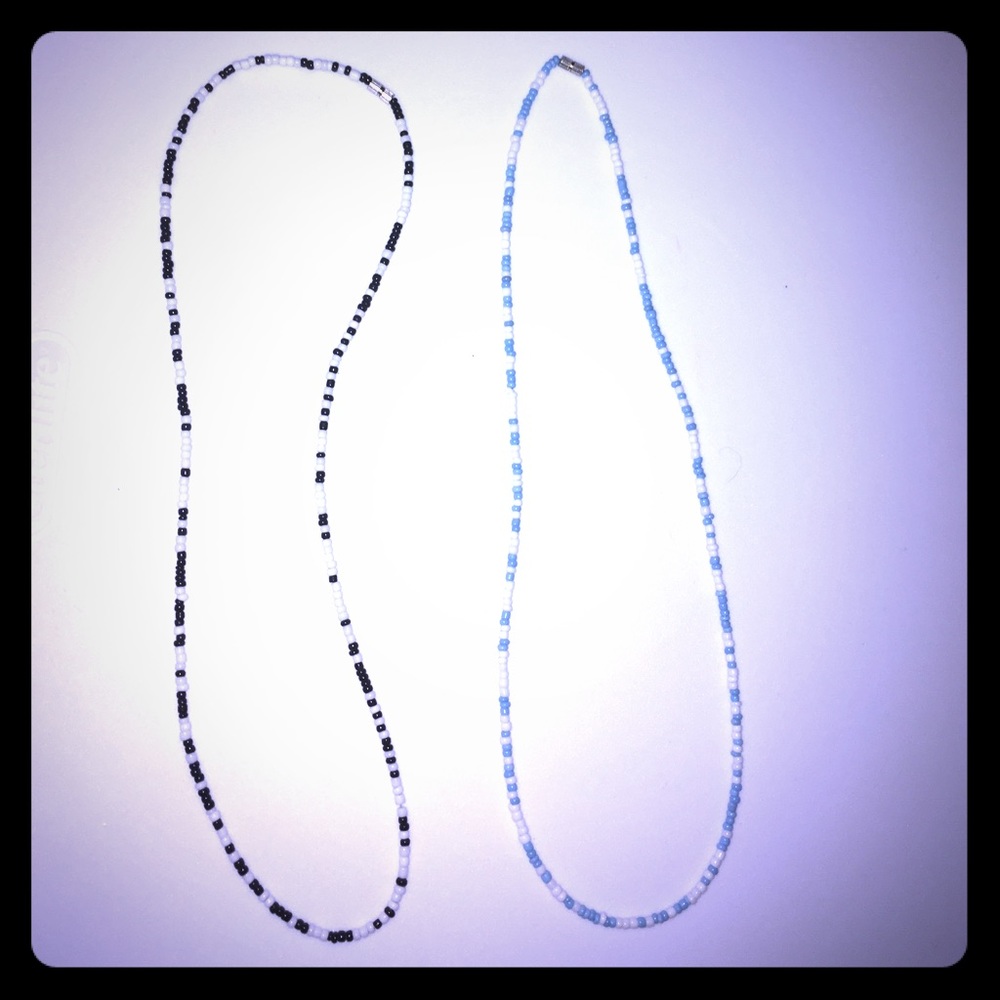 Set of Two Hand Beaded Necklace Blue Black White
