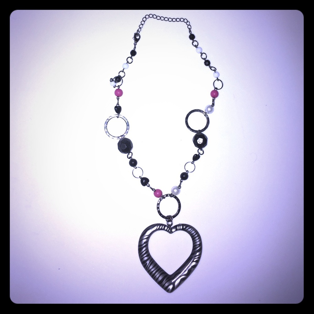 Black Pink White Pearl Zebra Print Heart Necklace