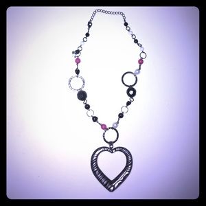 Black Pink White Pearl Zebra Print Heart Necklace