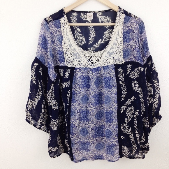 billa Tops - bila Boho Patchwork Floral & Lace Blouse