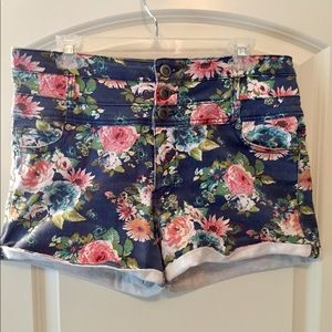 High-Waisted Floral Denim Shorts
