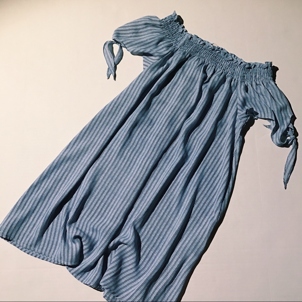 BLUE STRIPED OFF THE SHOULDER DRESS