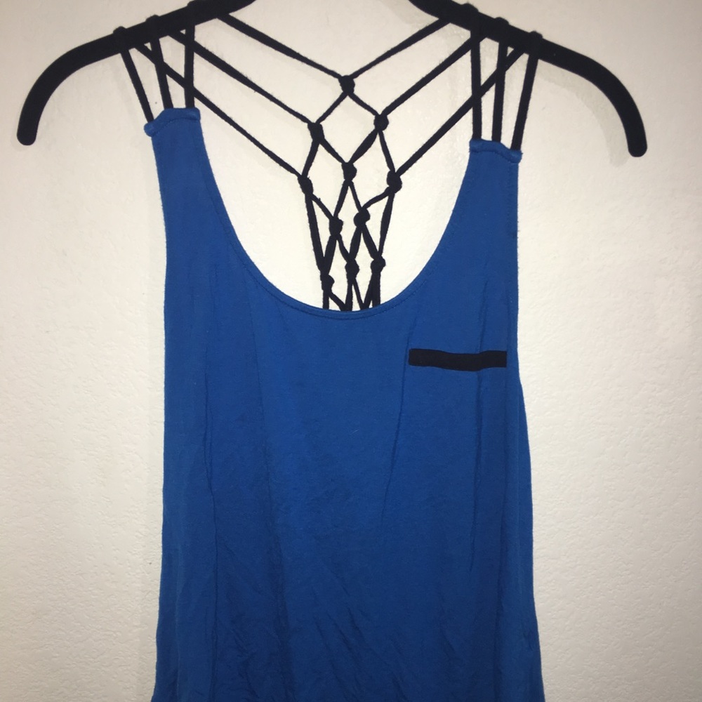 Blue flowy tank top with a cool back