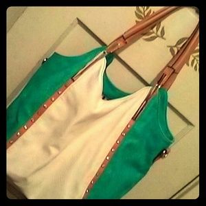 Handbag turquoise and white leather trimmed in tan