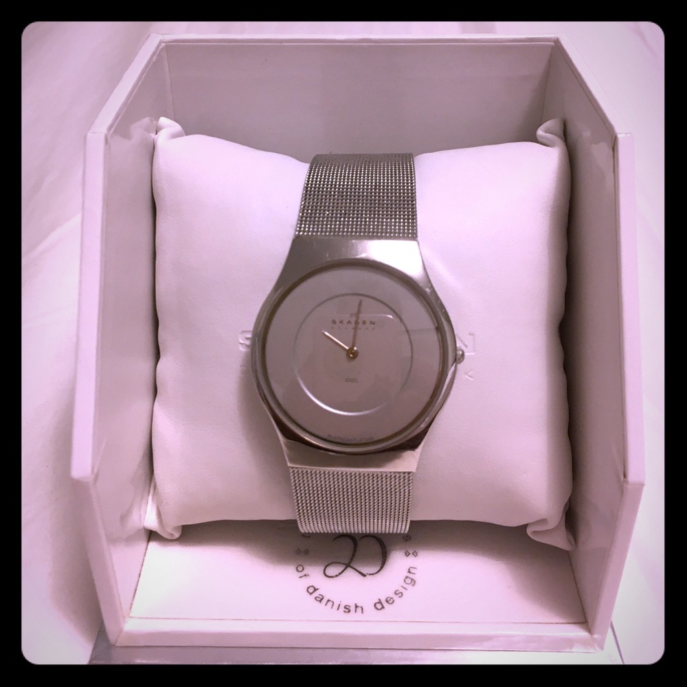🚺 SKAGEN Mesh Band Platinum Plated Watch