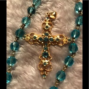 Rosary bead aquamarine cross necklace