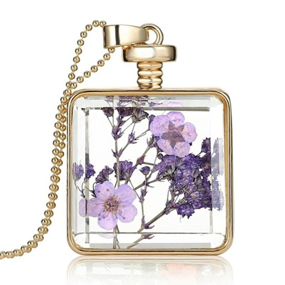 Jewelry - Purple Dried Flowers Square Pendant Necklace