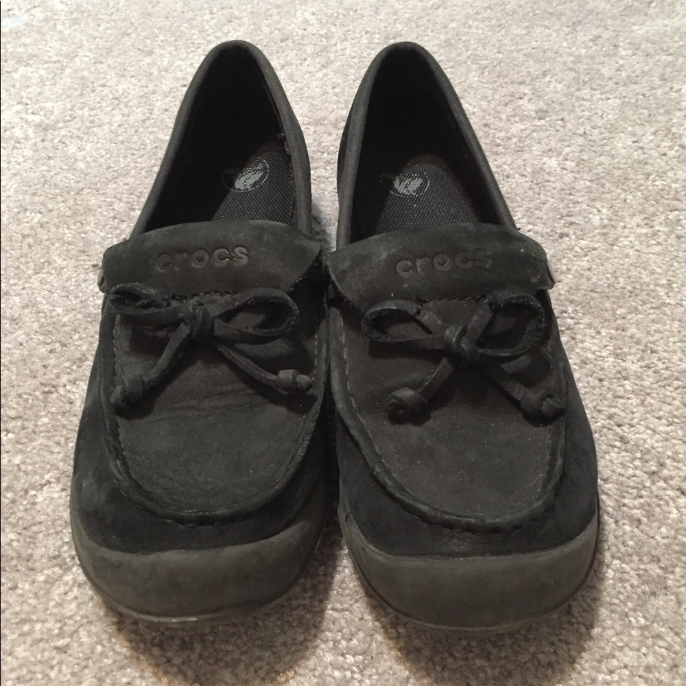 Black suede Croc loafers