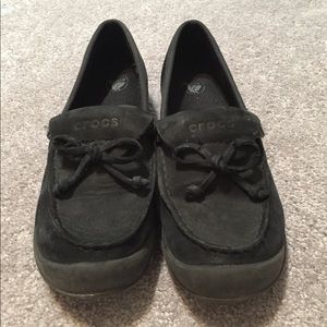 Black suede Croc loafers
