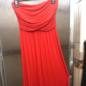 red/orange maxi dress with floral print