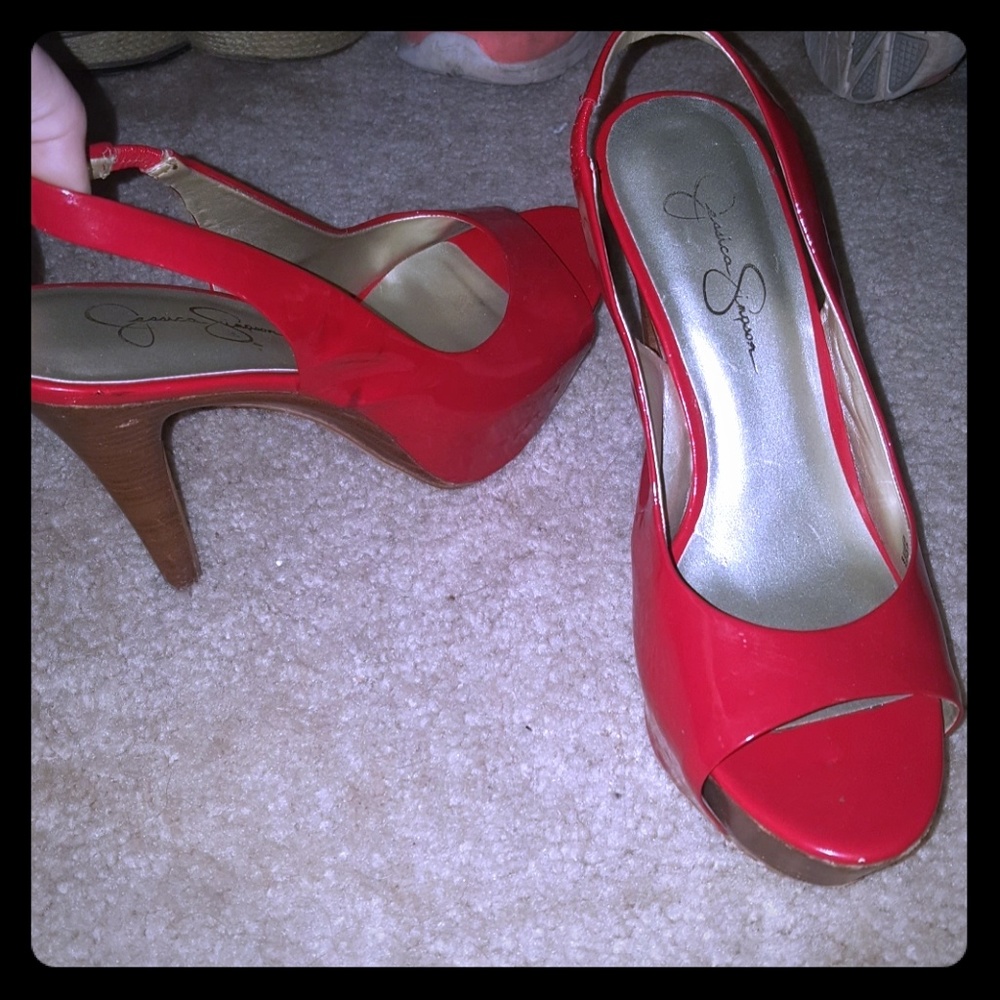 Shiny red slingback pumps