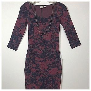 Cranberry and black form fitting dress .