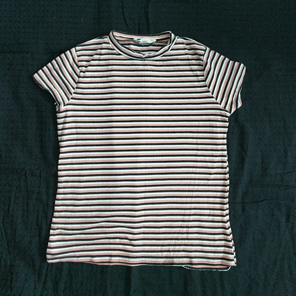 Retro-Style Striped Mock Neck Tee